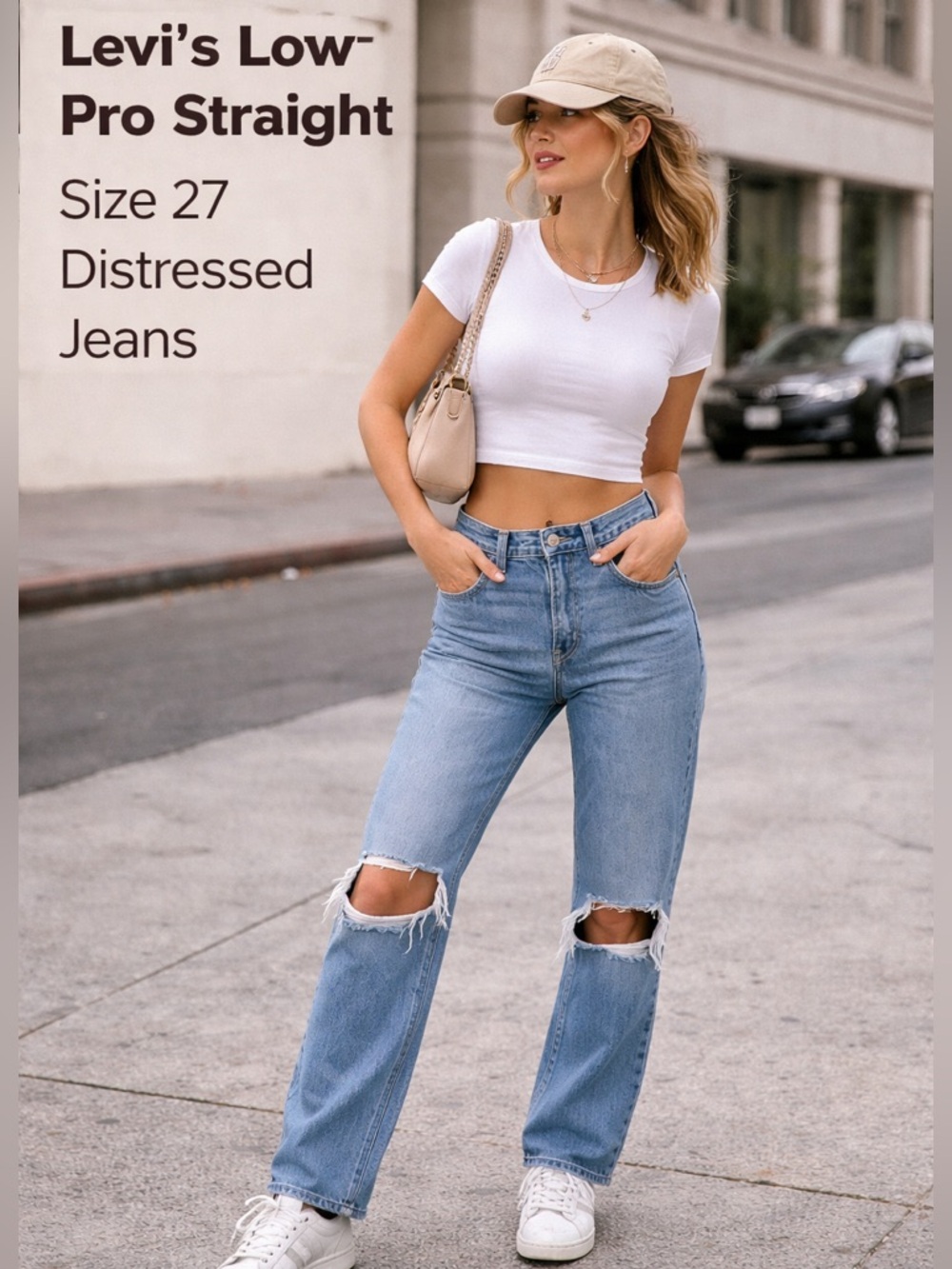 Levi’s Low Pro Straight Jeans 27 Distressed Ripped Light Wash Denim